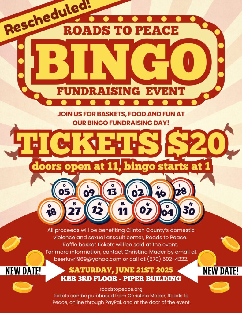 Roads to Peace Bingo fundraising poster.